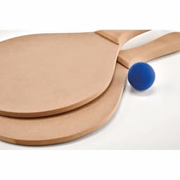 A pair of wooden paddles and a blue ball, featuring a smooth, natural finish. The paddles have a curved shape.