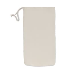 A drawstring bag in a light cream colour, featuring a textured surface and a cord closure.