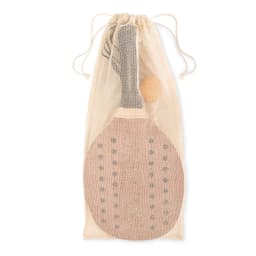 A paddle tennis set in a mesh storage bag, featuring a paddle and a ball, with natural colour tones.