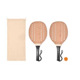 A set of wooden paddles with black handles, accompanied by a storage bag and an orange ball.