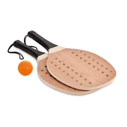 Two wooden beach paddles with perforated surfaces and black rubber grips, accompanied by an orange ball.