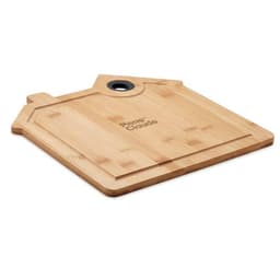 A bamboo chopping board in a house shape, featuring a hole for hanging and a branding logo.