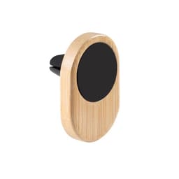 A car vent phone holder made of bamboo with a black circular pad at the front. Features a branding logo.
