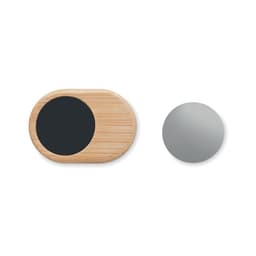 A bamboo and black circular magnetic mirror with a separate round reflective surface. Includes a logo.