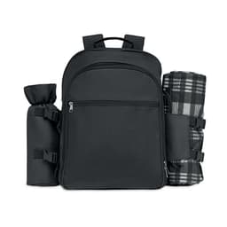 A black backpack with a large main compartment, side pockets, and attached fleece blankets. It features a logo.
