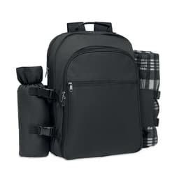 A black backpack featuring multiple compartments, a side pocket for a drink bottle, and a rolled-up blanket.