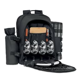 A black backpack containing four wine glasses, plates, a cutting board, and a blanket, with additional pockets.