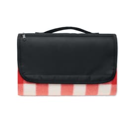 A picnic blanket with a black top and a red and white checkered underneath. Features a carrying handle and zip closure.