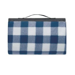 A picnic blanket featuring a blue and white checkered pattern, with a black carrying handle.