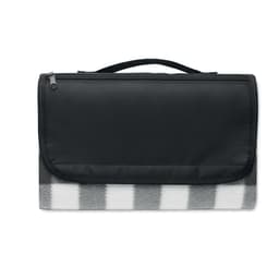 A picnic blanket organiser in black with a checkered white and grey bottom. It features a zip closure and a carrying handle.