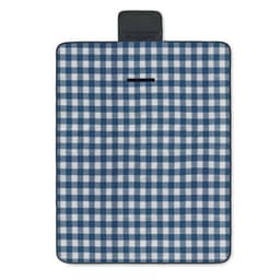A picnic blanket featuring a blue and white checkered pattern with a black carry handle. It has a logo on one side.