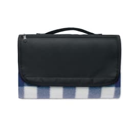 A picnic blanket with a blue and white check pattern, featuring a black carrying handle and zippered compartment.