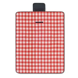 A picnic mat with a red and white checkered pattern, featuring a black carrying handle. It has a rectangular shape and padded surface.