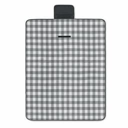 A picnic blanket with a black and white checkered pattern, featuring a foldable design and a carrying handle.