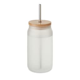 A drink bottle with a frosted glass body, wooden lid, and stainless steel straw. It features a logo on the front.