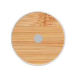 A round bamboo drink coaster with a central hole, featuring a smooth natural wood finish and a white border.