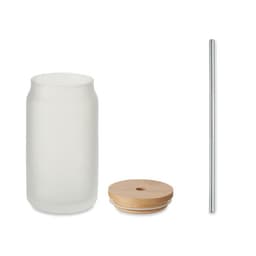A drink bottle with a frosted glass body, wooden lid, and stainless steel straw.