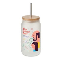 A drink bottle with a frosted white finish, a wooden lid, and a metal straw. It features colourful illustrations and a logo.