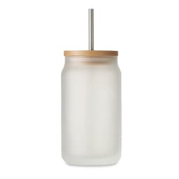 A drink bottle with a frosted glass body, wooden lid, and a stainless-steel straw. It has a simple, modern design.