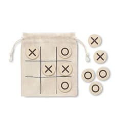 A tic-tac-toe game set with a drawstring bag and wooden tokens in a natural colour.