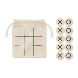 A game set featuring a canvas drawstring bag with a tic-tac-toe grid and wooden tokens marked with Xs and Os.
