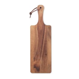 A wooden serving board in a natural finish, featuring a long handle with a leather tie.