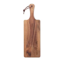 A wooden chopping board with a handle and a leather strap, featuring a brand logo. The wood has a natural finish.