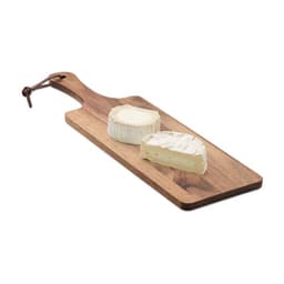 A wooden cheese board with a handle, featuring two varieties of soft cheese on top.