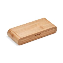 A bamboo box with a smooth finish, featuring rounded edges and a sliding mechanism for opening.