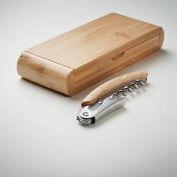 A corkscrew with a wooden handle and a bamboo storage box. The box is rectangular and smooth in texture.