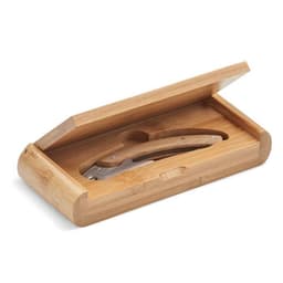 A bamboo box containing a folding knife with a wooden handle. The box has a natural finish and a simple design.