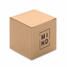 A brown cardboard box with a simple black logo design.
