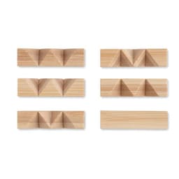 A set of wooden blocks in various shapes, featuring natural wood colour with triangular and rectangular designs.