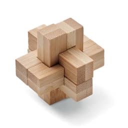 A wooden puzzle made of light-coloured blocks arranged in a 3D cross shape with interlocking sections.
