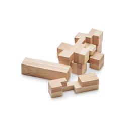 A set of wooden building blocks in various shapes and sizes, made from light-coloured timber.