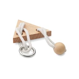 A wooden triangular toy with two white cords, a metal ring, and a wooden ball attached.