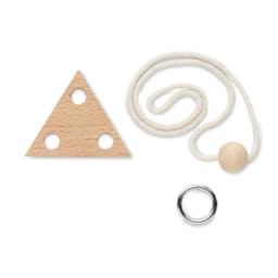 A wooden triangle with three holes, a natural wooden bead, and a silver ring on a white cord.