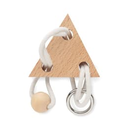 A wooden triangle-shaped toy featuring natural rope, a wooden bead, and a metal ring.