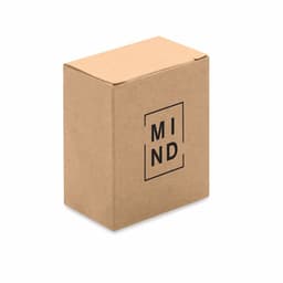 A brown cardboard box with a black logo on the front, featuring the word "MIND".