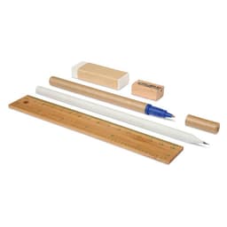 A collection of eco-friendly stationery items including a wooden ruler, pencil, pen, eraser, and sharpener.