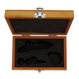 A bamboo box with a velvet interior, designed to hold multiple items securely in cut-out shapes.