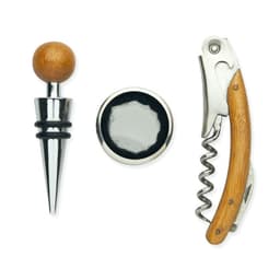 A wine accessory set featuring a silver pour stopper, a corkscrew, and a round bottle stopper with a wooden handle.
