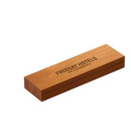A wooden box with a natural finish, featuring branding on the surface.