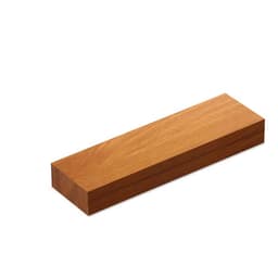 A wooden block in a rich reddish-brown hue with a smooth finish and rectangular shape.