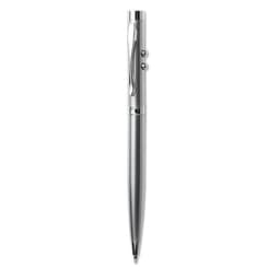 A pen with a sleek silver body and chrome accents, featuring a clip and a push mechanism for retracting the tip.