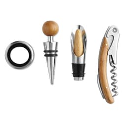 A wine accessory set featuring a corkscrew, bottle stopper, pourer, and a ring, with wooden and metallic elements.