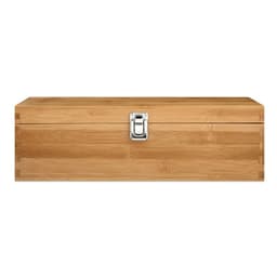 A bamboo storage box featuring a silver latch, showcasing a natural wood finish with clean lines.