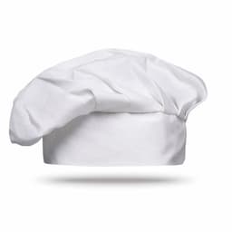 A chef's hat in white, featuring a classic puffy design. The hat has a rounded top and is made of fabric.