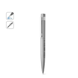 A stainless steel ballpoint pen with a sleek silver finish and a clip, featuring a logo.