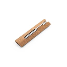 A stainless steel ballpoint pen with a clip, presented in a cork packaging. The pen has a sleek metallic finish.